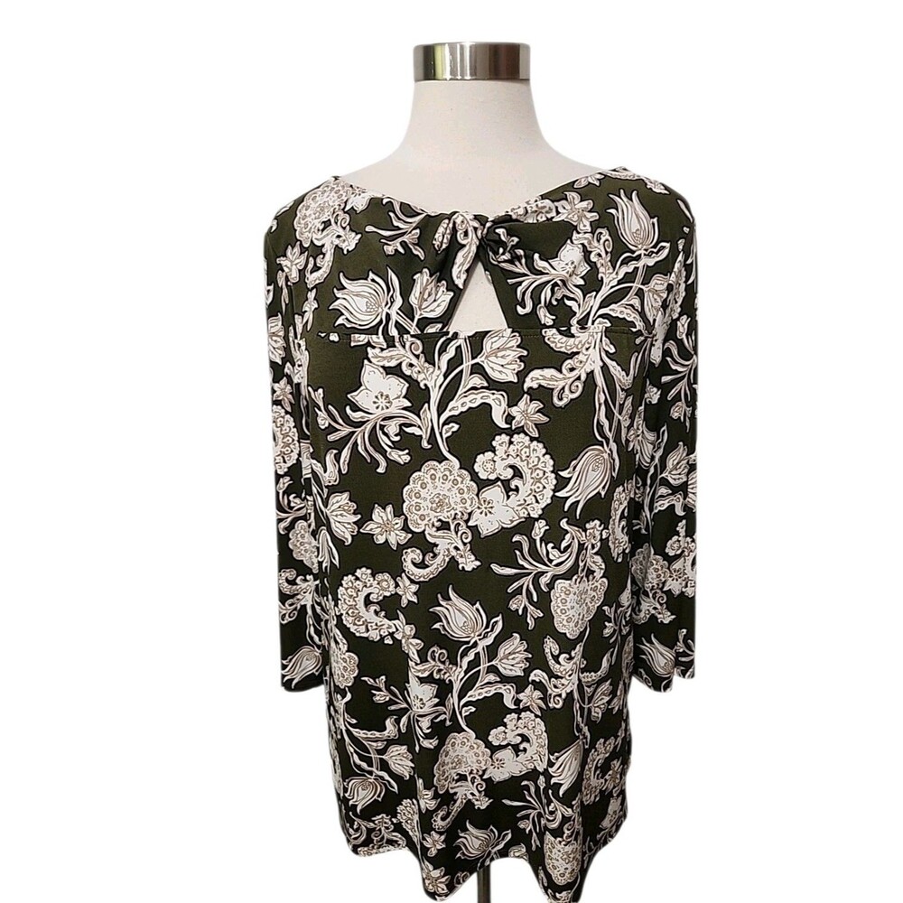 Chico's Knit Top Size 2 Olive Green Floral Twist Knot Keyhole Knit Stretch Large